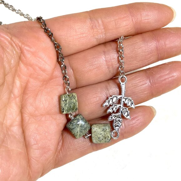 2/$20 Dark Green Serpentine Leaf Branch Necklace,Genuine Gemstone StainlessChain - Picture 13 of 13